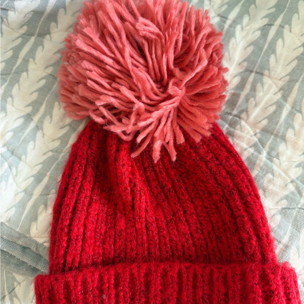 Anthropologie Red Beanie with Pink Pom-Pom